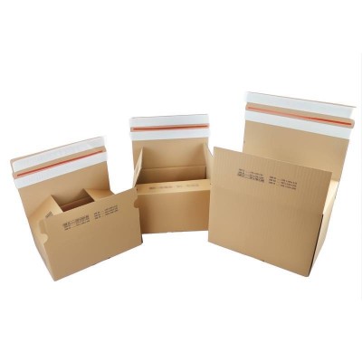 Shipping boxes with double adhesive strip and tear-off tab