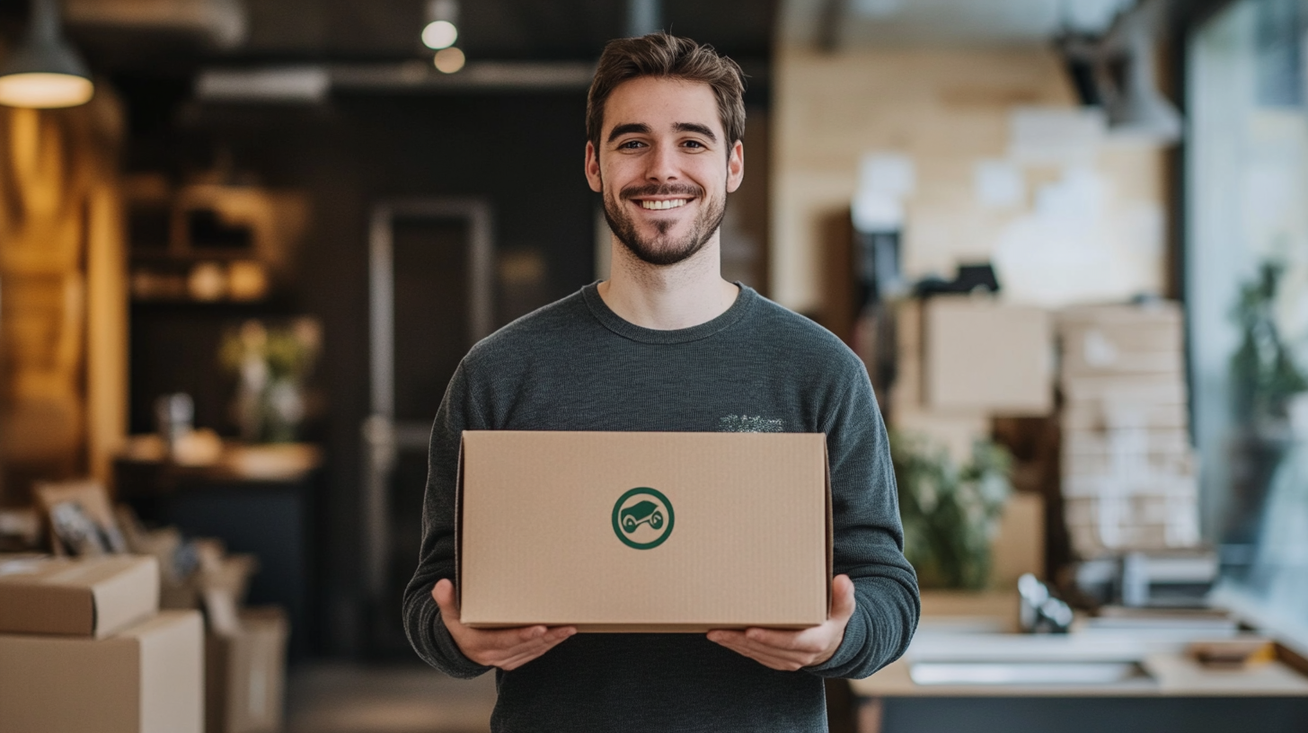 Hombre sosteniendo una caja con solapas que exhibe el logotipo de su marca