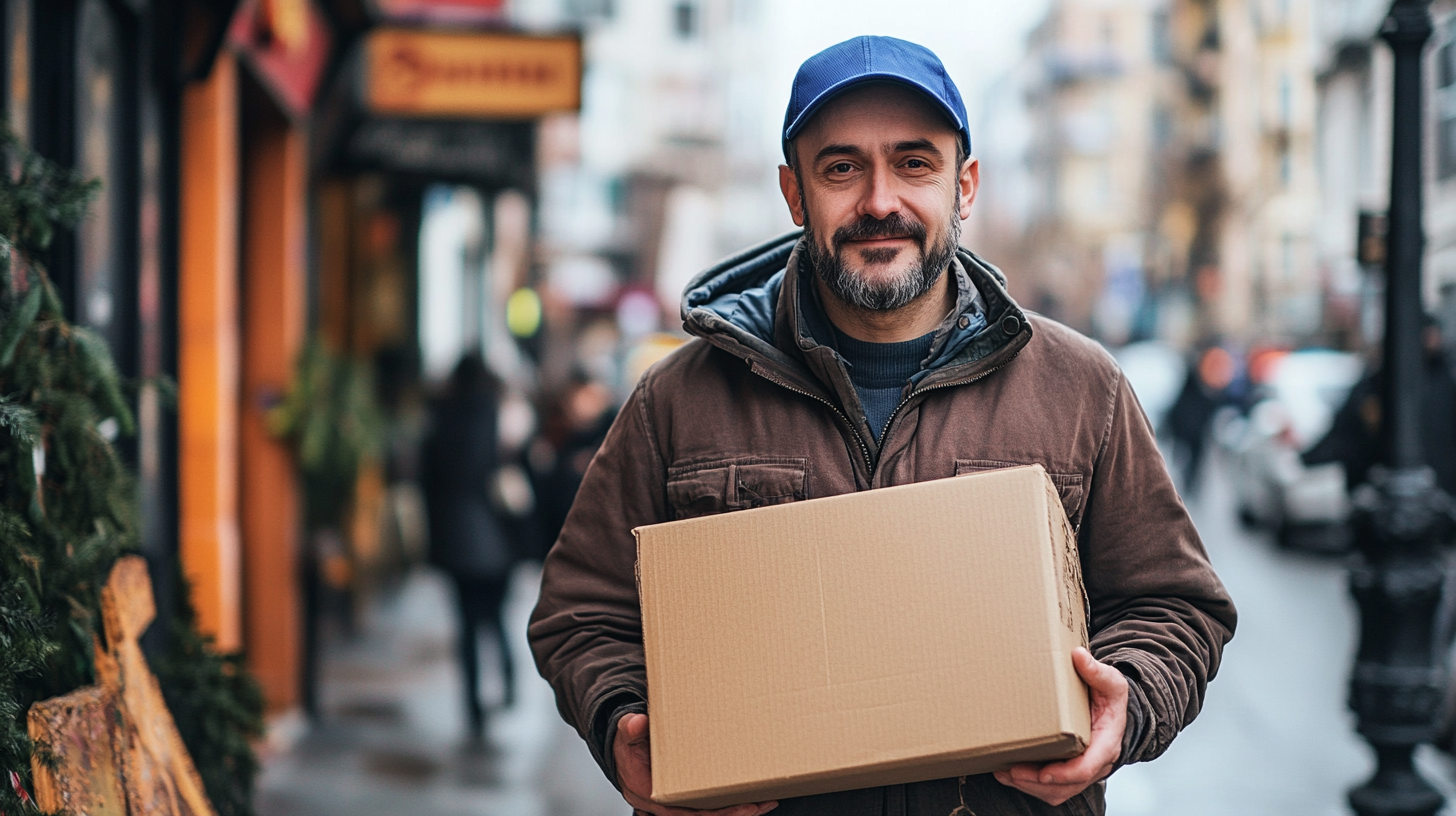 Smiling man holding a folding carton